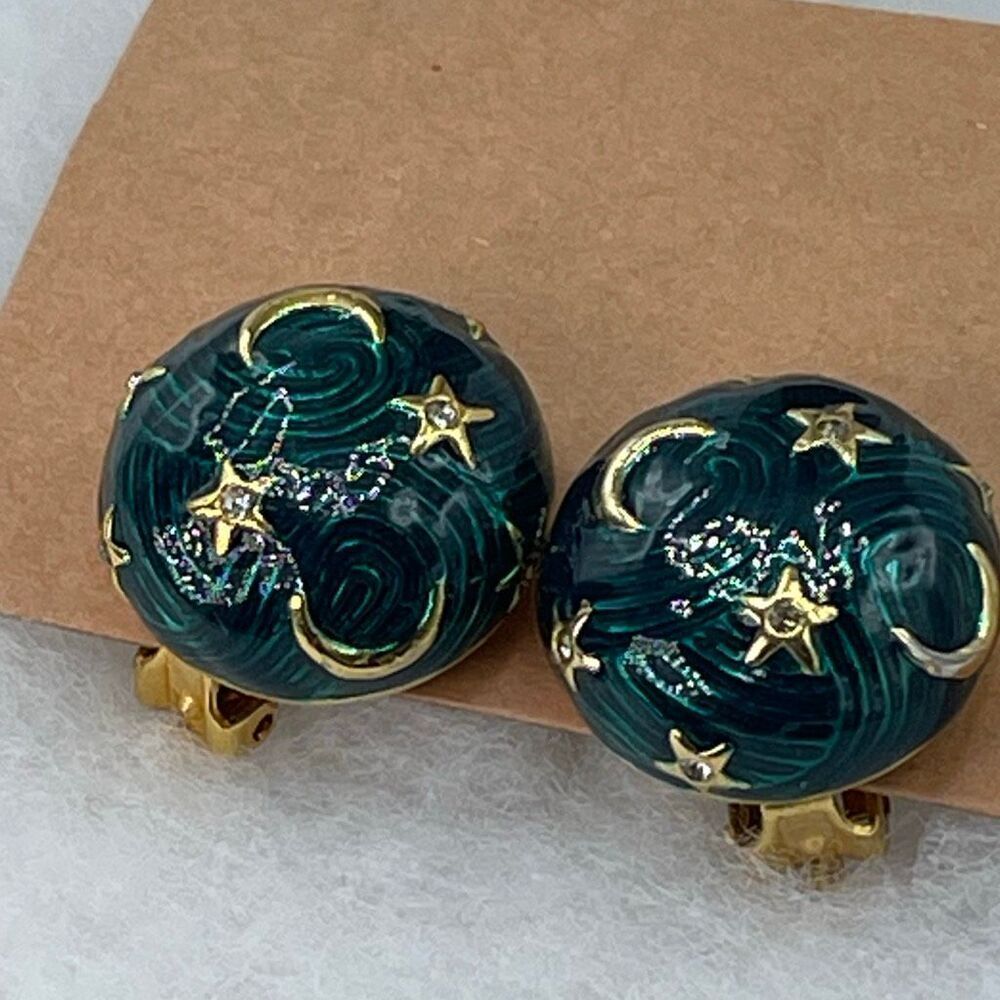 Vintage Celestial themed enamel dome clip earrings